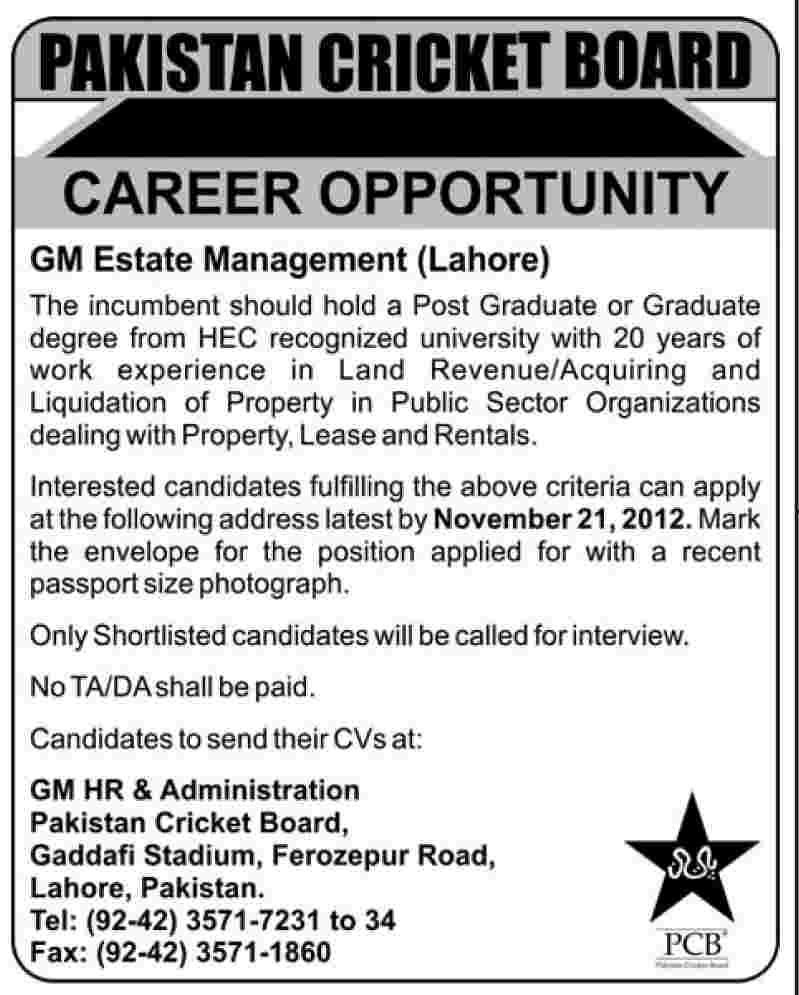 GM Estate Management Job in Pakistan Cricket Board (PCB)