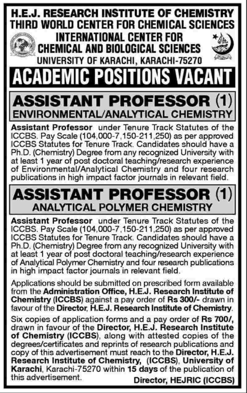 H.E.J. Research Institute of Chemistry (HEJRIC), ICCBS Requires Faculty