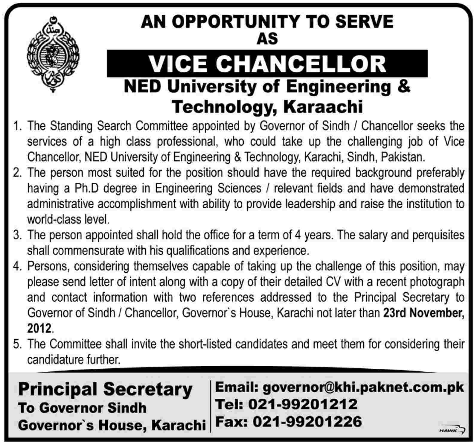 NED University of Engineering & Technology, Karachi Requires Vice Chancellor