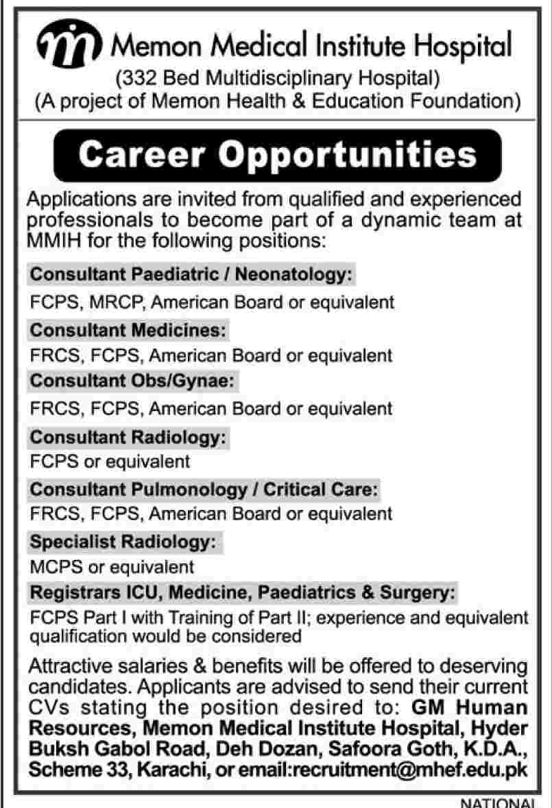 Memon Medical Institute Hospital (MMIH) Requires Doctors