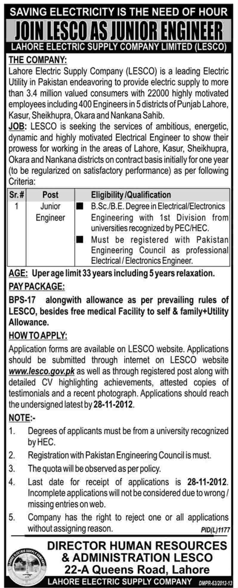 LESCO Jobs 2012 for Junior Engineers