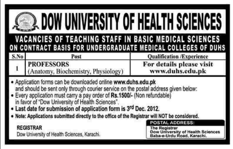 Dow University of Health Sciences (DUHS) Faculty Jobs