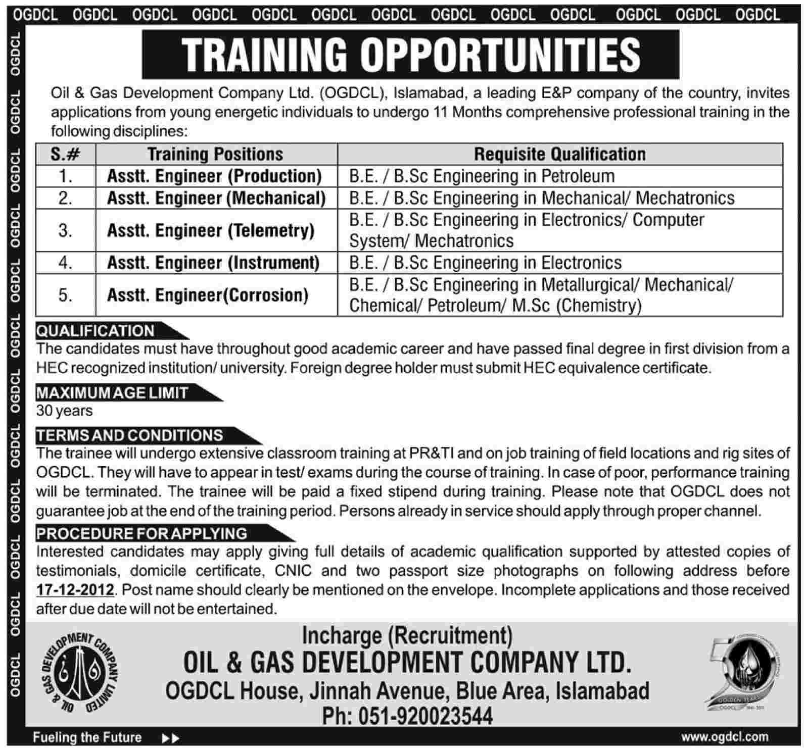 OGDCL Internships for Assistant Engineers