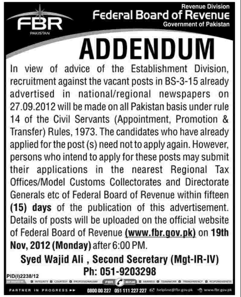 www.fbr.gov.pk Jobs 2012 November