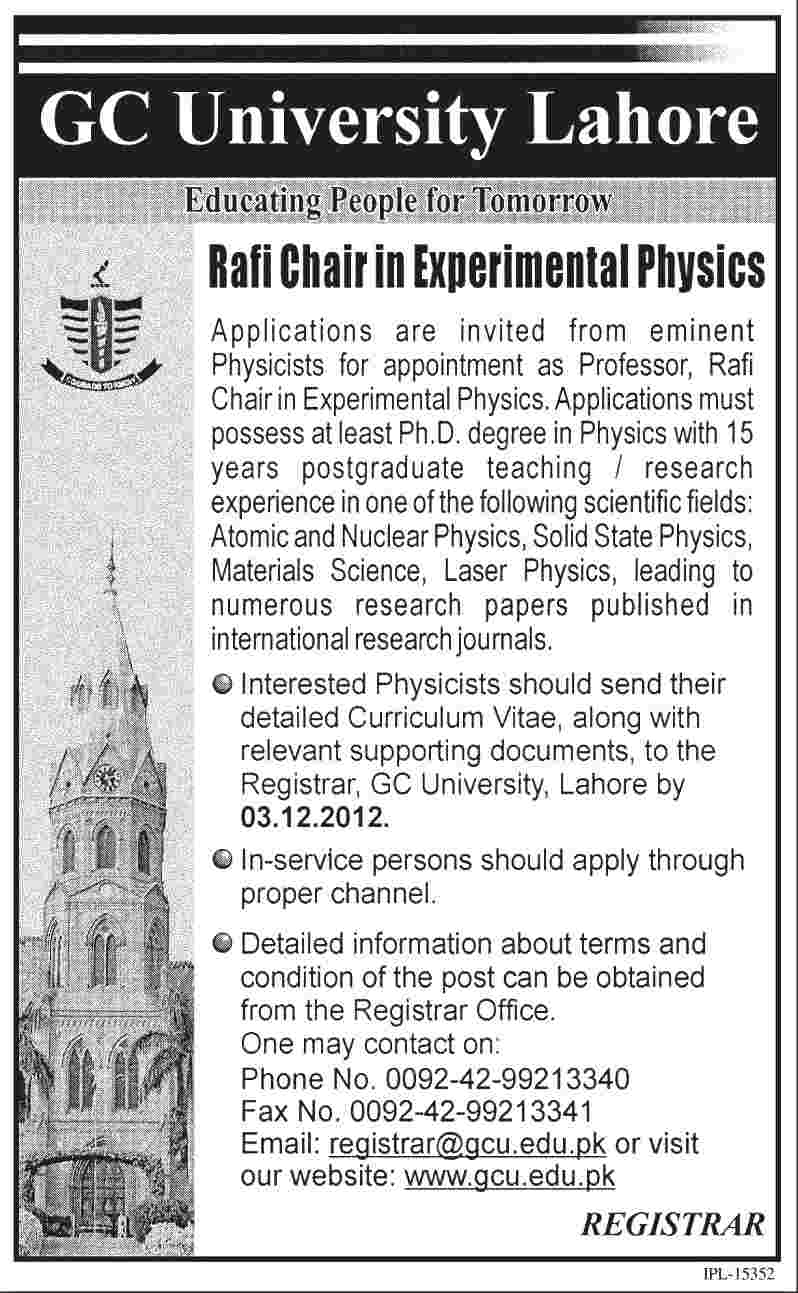 GC University Lahore Requires Professor for Rafi Chair in Experimental Physics