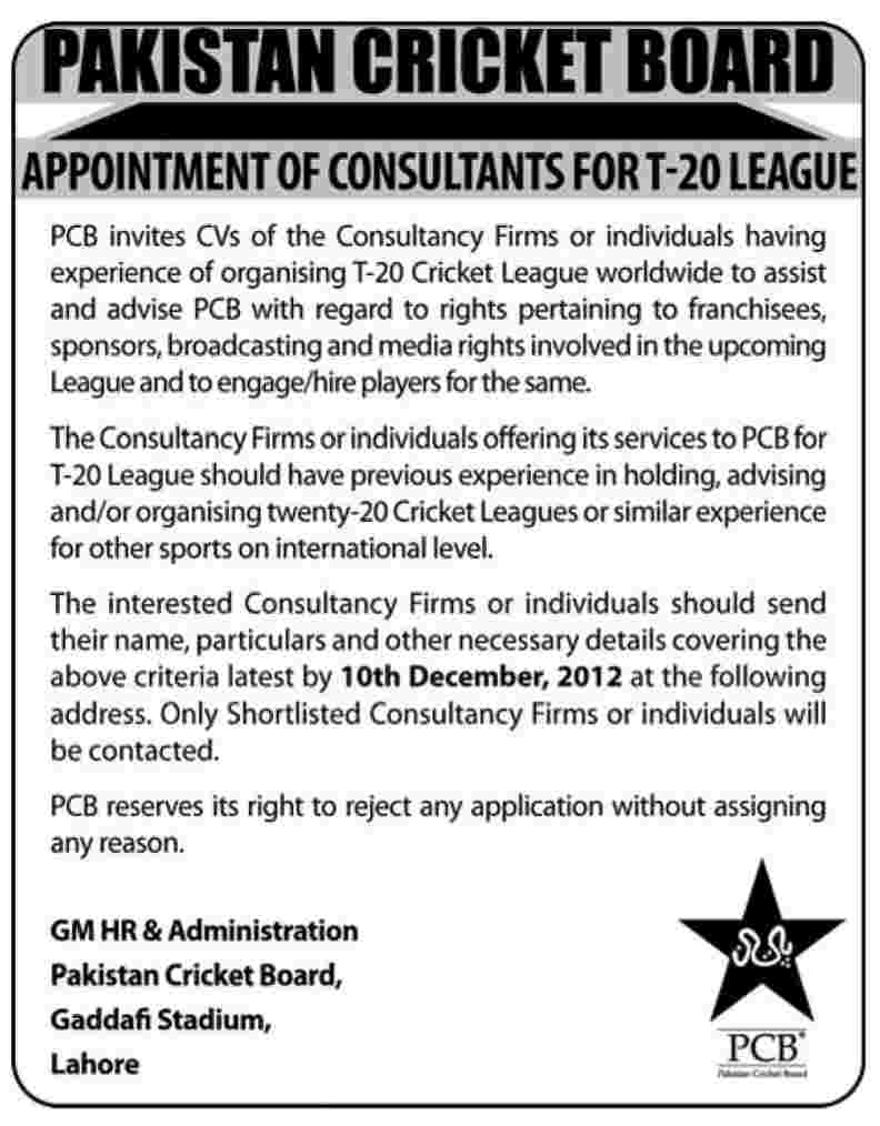 Pakistan Cricket Board Consultants Required for T-20 League