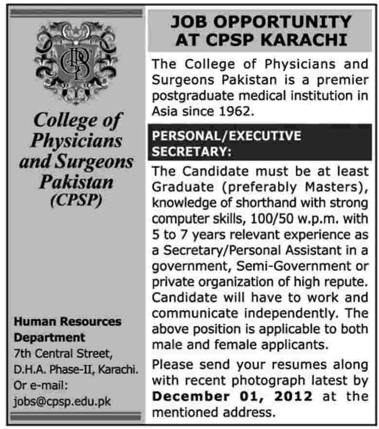 CPSP Karachi Job for Personal / Executive Secretary