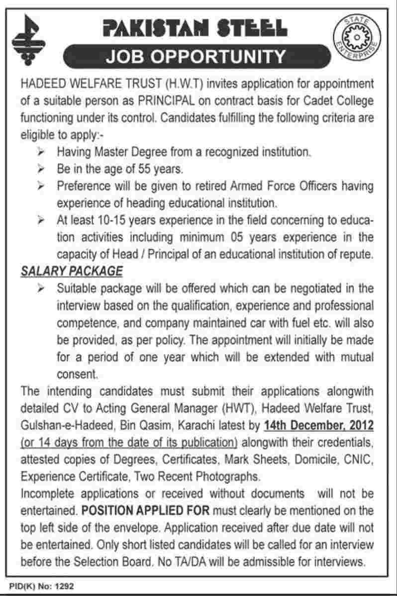 Pakistan Steel Cadet College under Hadeed Welfare Trust (H.W.T) Requires Principal