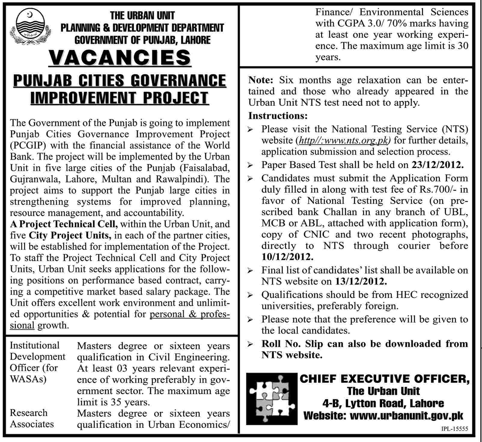 The Urban Unit Lahore Jobs 2012 November PCGIP Planning & Development Department Government of Punjab