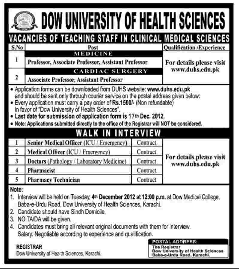 DOW University of Health Sciences DUHS Jobs for Teaching & Other Staff in Clinical Medical Sciences