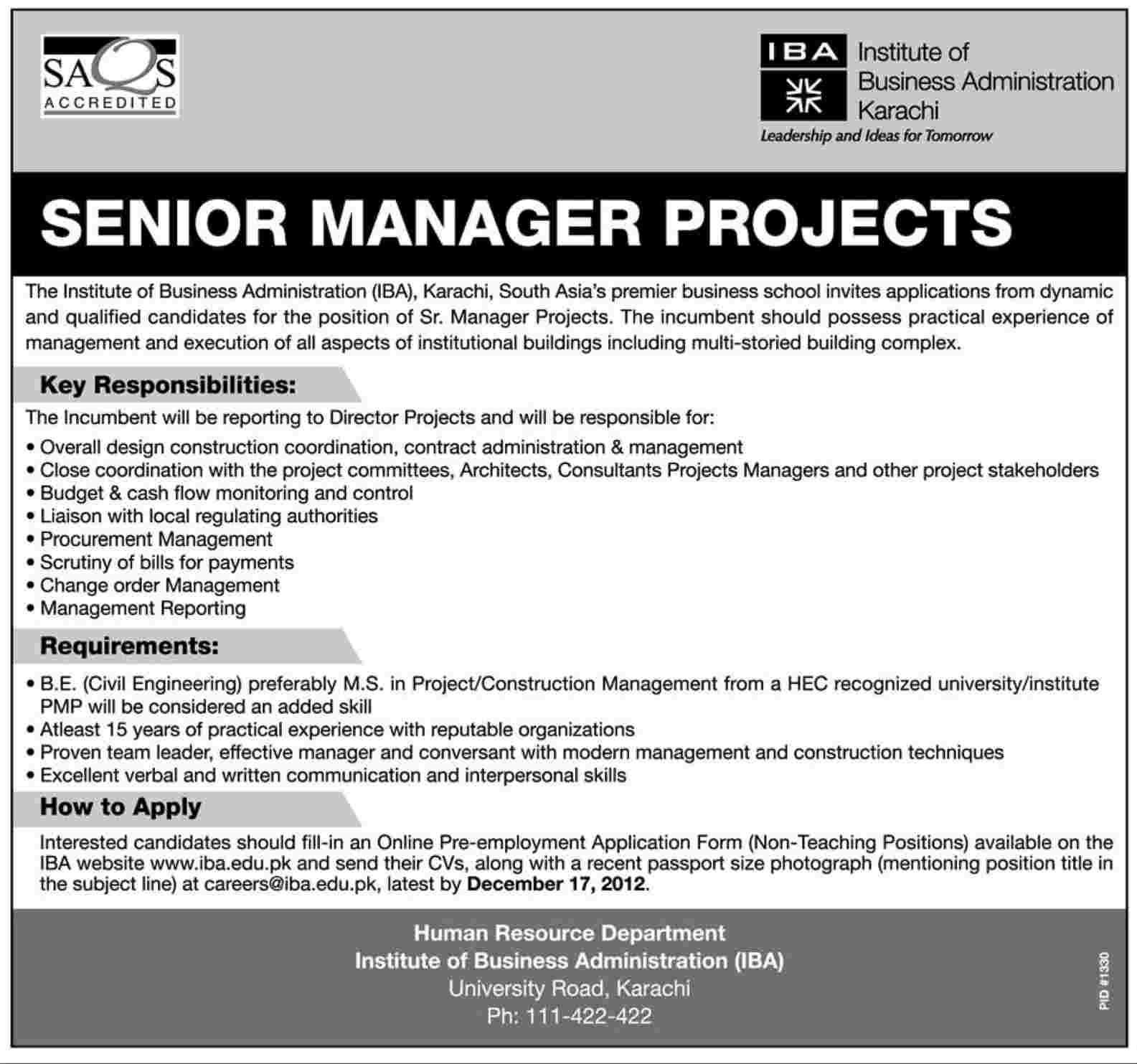 IBA Karachi Job 2012 for Senior Manger Projects