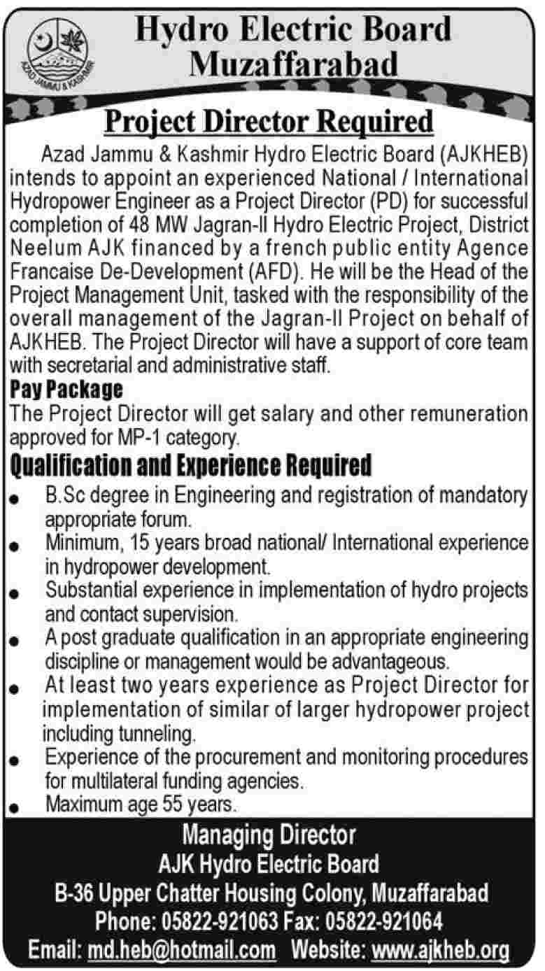 Azad Jammu & Kashmir Hydro Electric Board (AJKHEB) AJK Requires Project Director