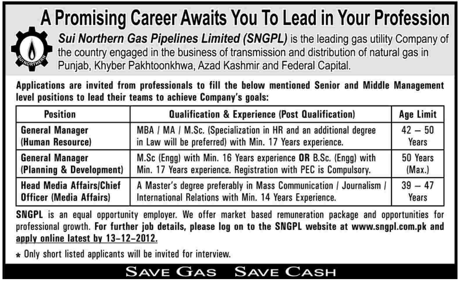 Jobs in SNGPL 2012 December