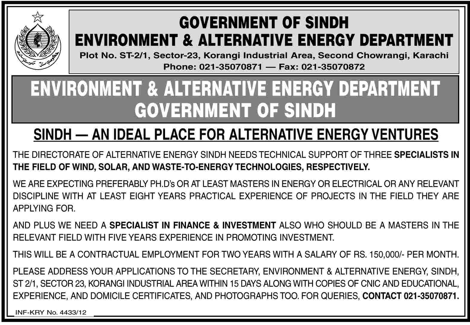 Sindh Environment & Alternative Energy Department Jobs for Technology & Finance Specialists