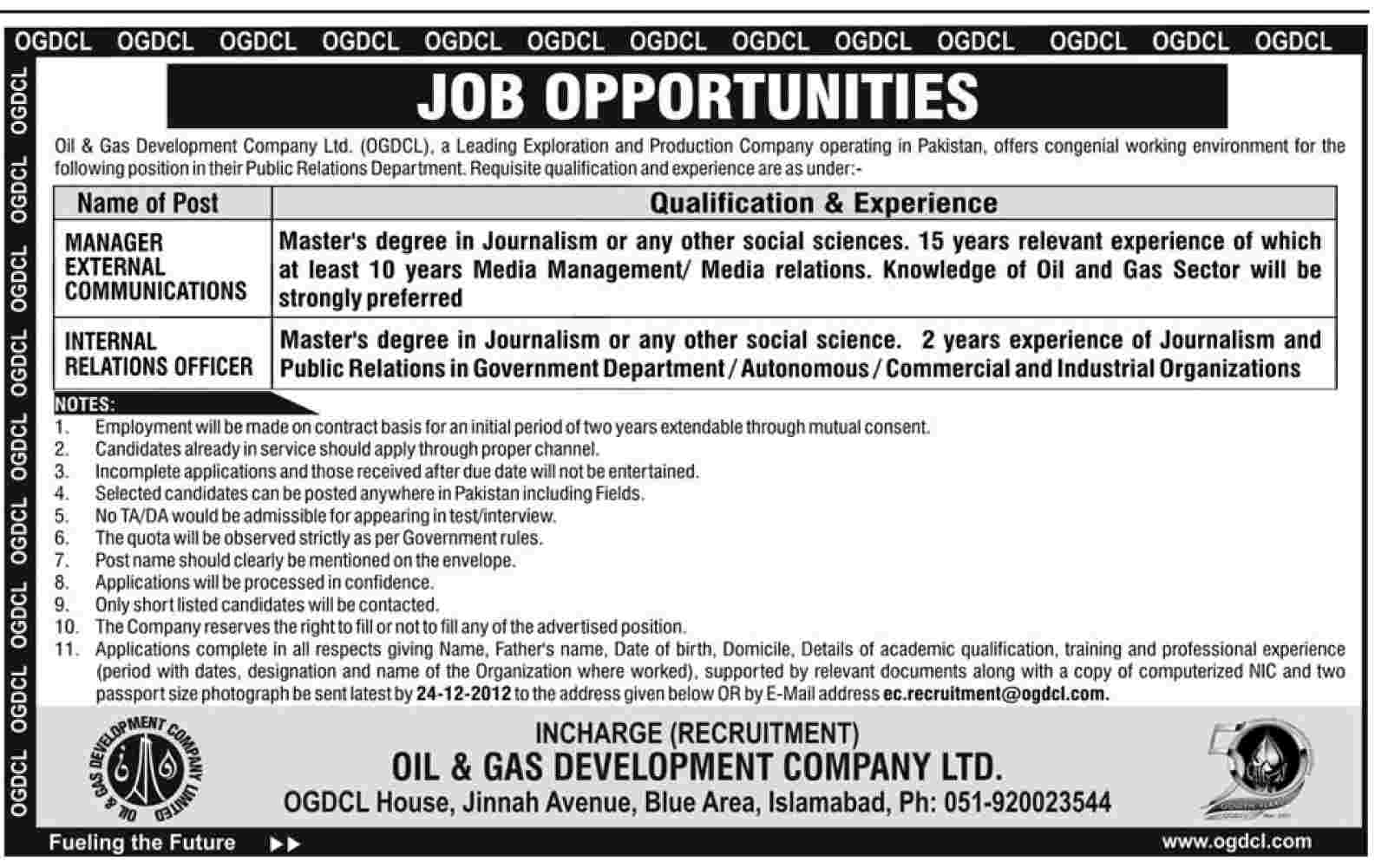 OGDCL Jobs 2012 December for Manager External Communications & Internal Relations Officer