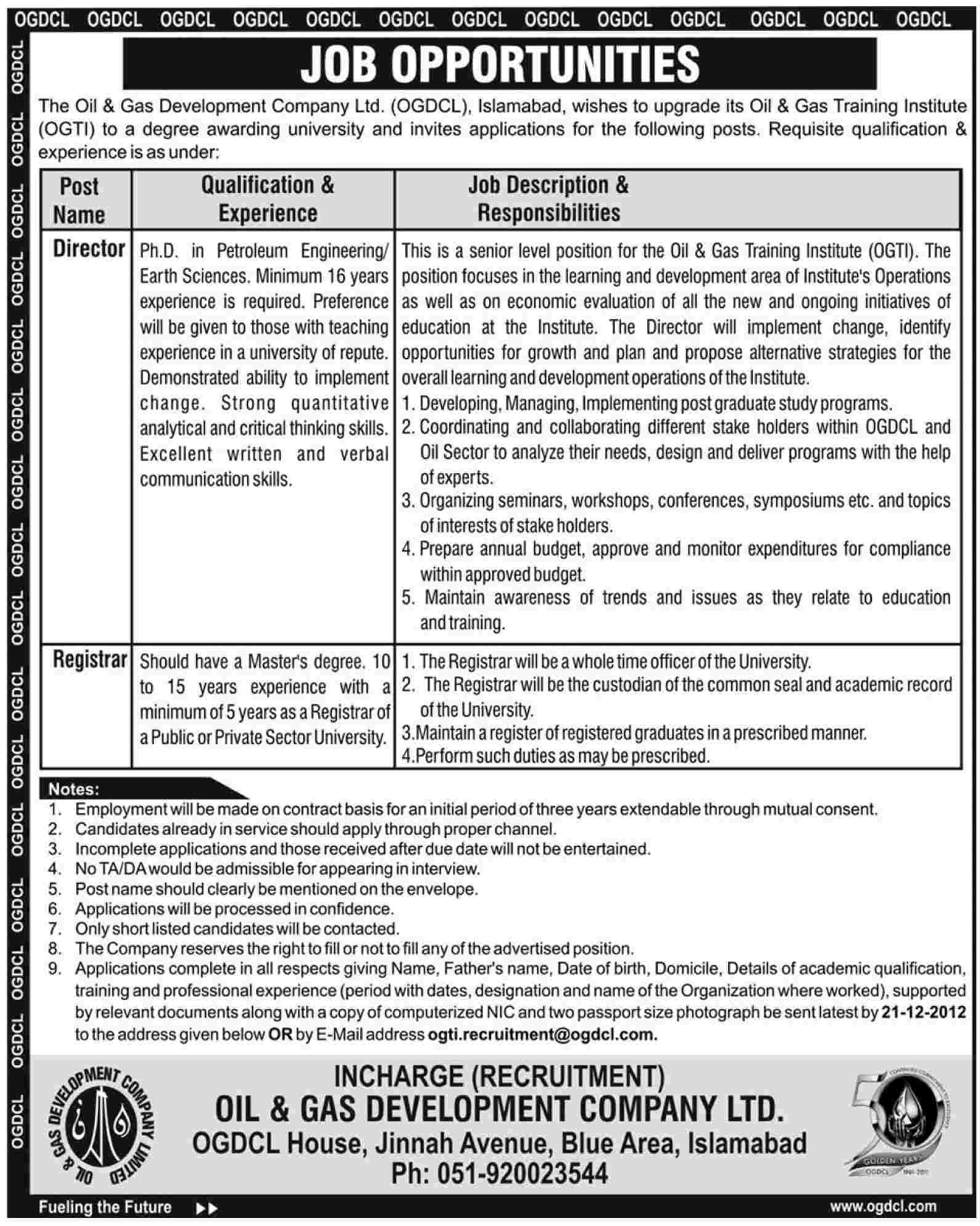 OGDCL Jobs 2012 December in OGTI for Director & Registrar