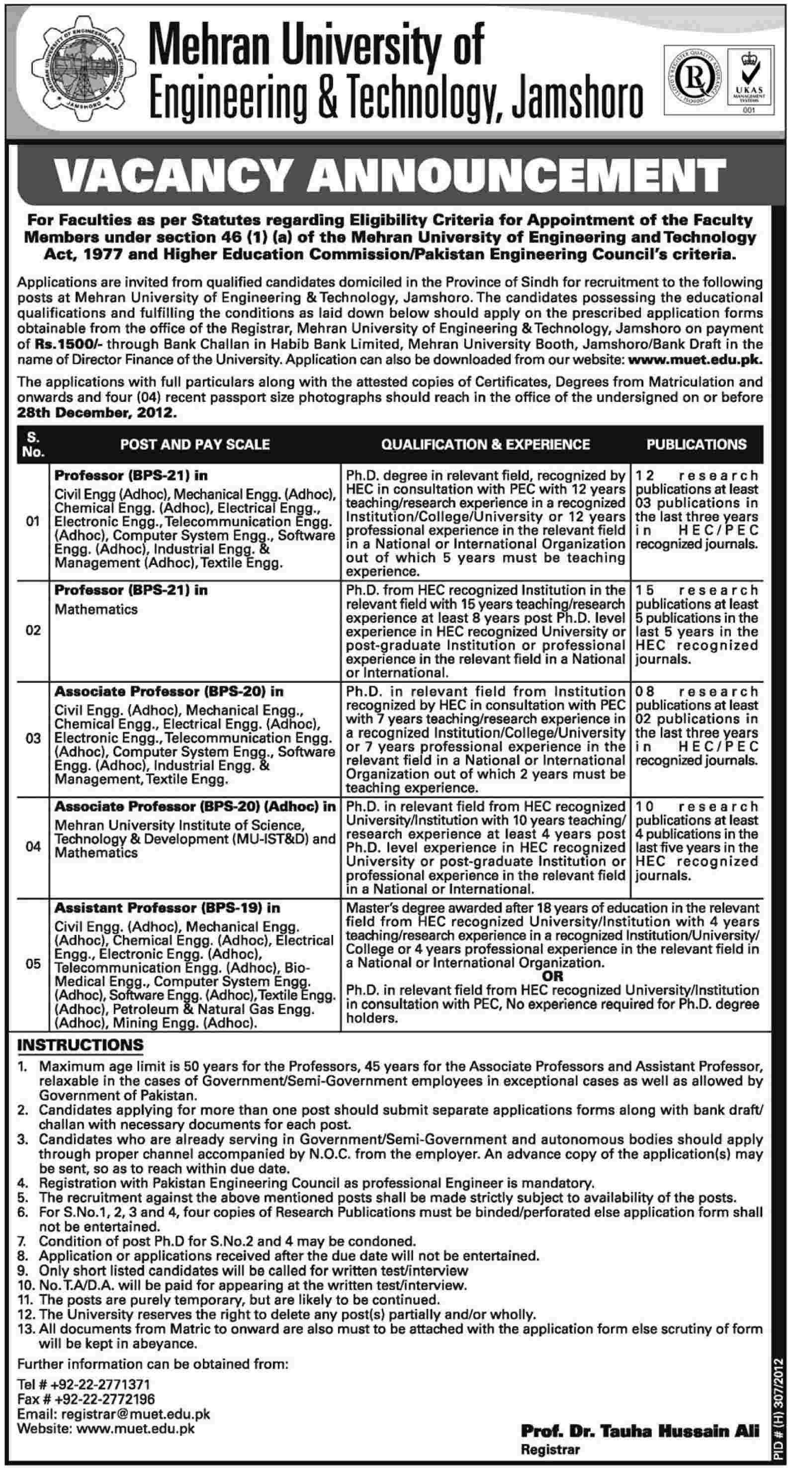 Mehran University MUET Jamshoro Jobs 2012 for Faculty