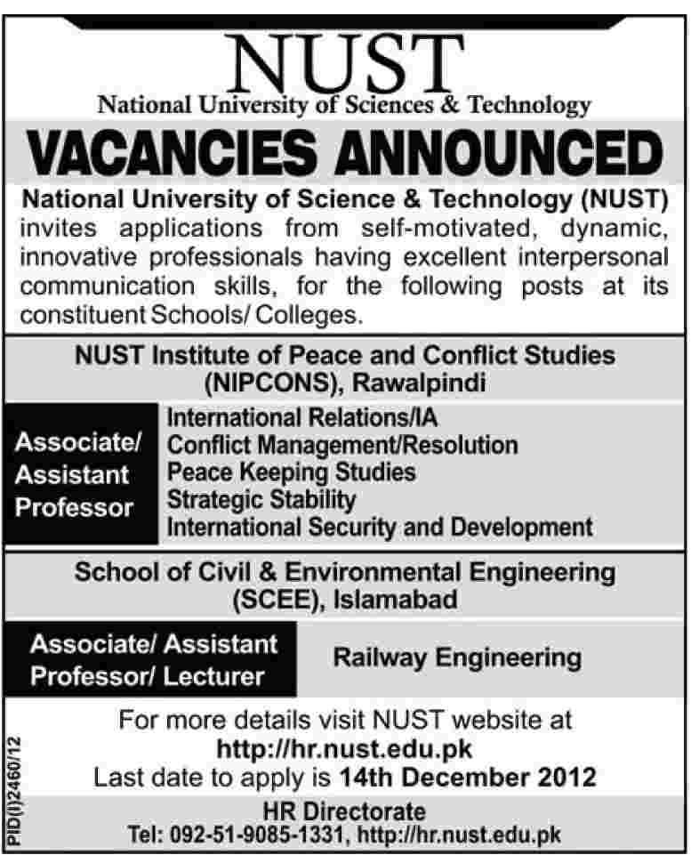 NUST Jobs 2012 December for Faculty at NIPCONS & SCEE