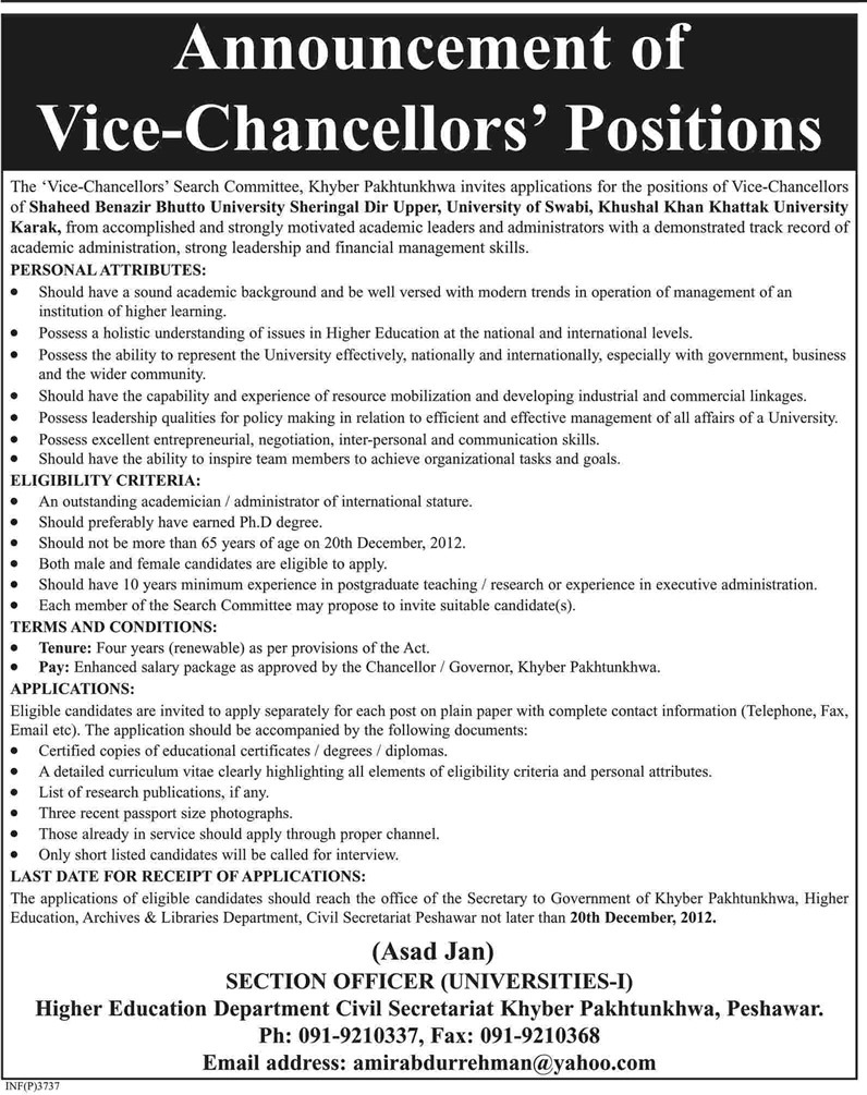 Vice-Chancellors Vacancies at SBBU, KKKU & Swabi Universities in KPK