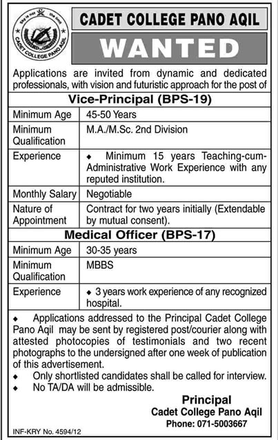 Cadet College Pano Aqil Requires Vice Principal & Medical Officer