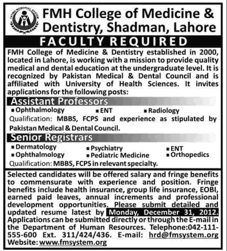 FMH College of Medicine & Dentistry Lahore Requires Faculty