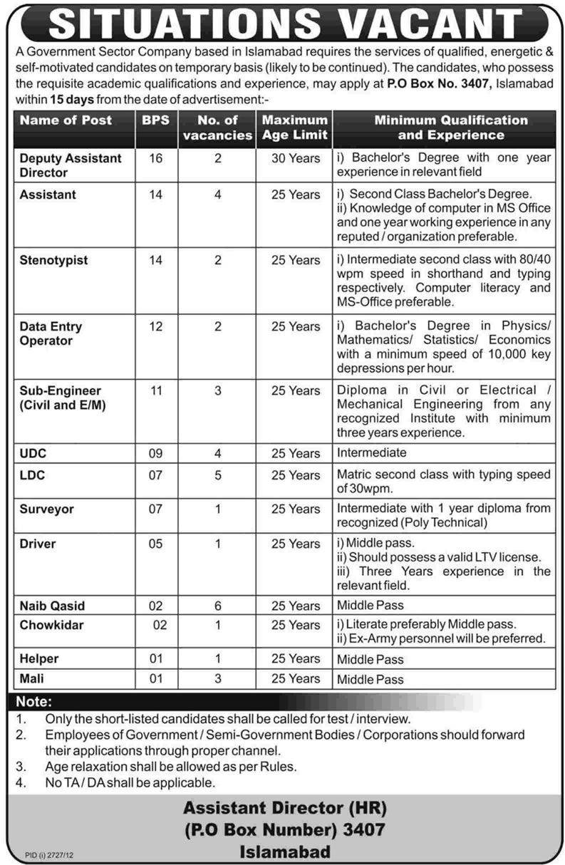 PO Box 3407 Islamabad Jobs 2012 in a Government Organization