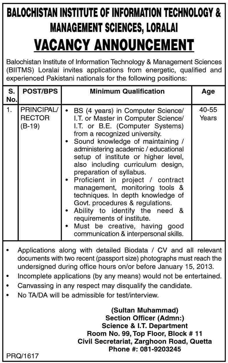 Principal / Rector Vacancy at BIITMS Loralai