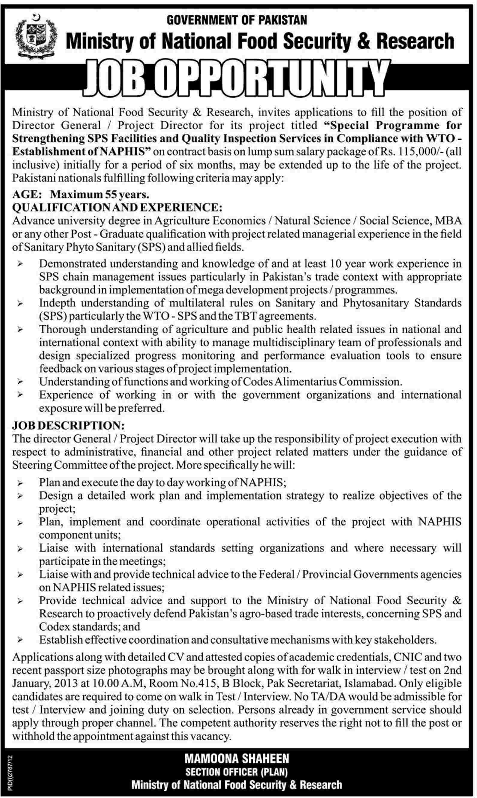 Ministry of National Food Security & Research Requires Director General