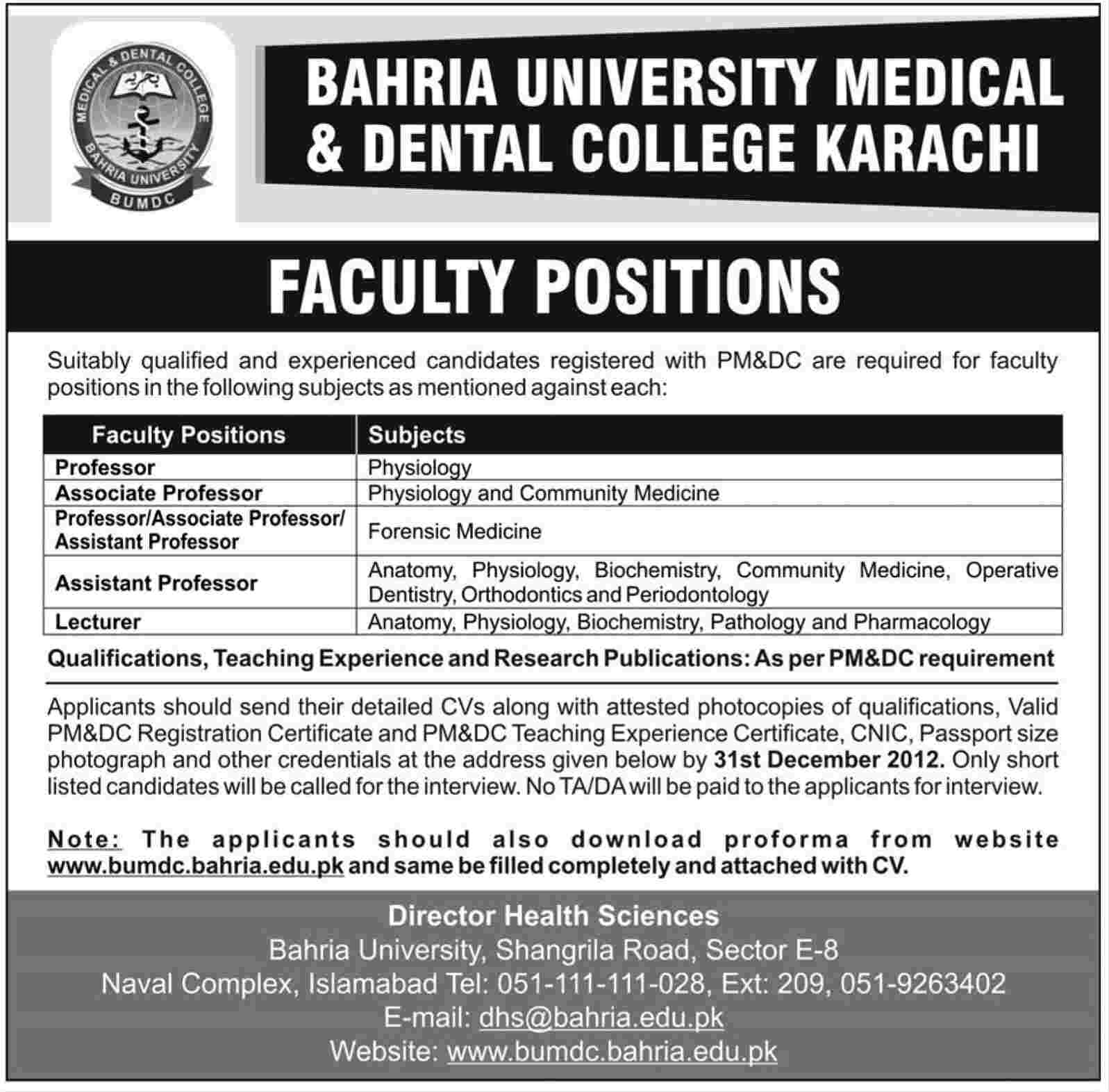 Bahria University Medical & Dental College Karachi Jobs 2012 for Faculty