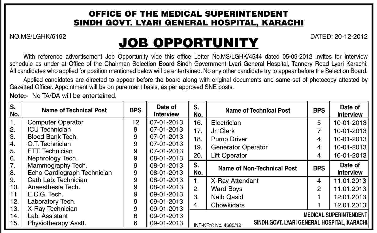 Sindh Government Lyari General Hospital Karachi Call for Interviews 2012