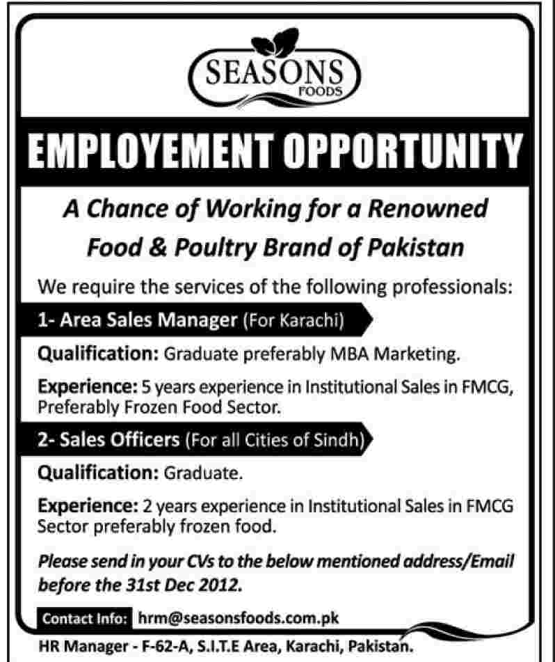 Seasons Foods (MENU) Need Area Sales Manager & Sales Officers