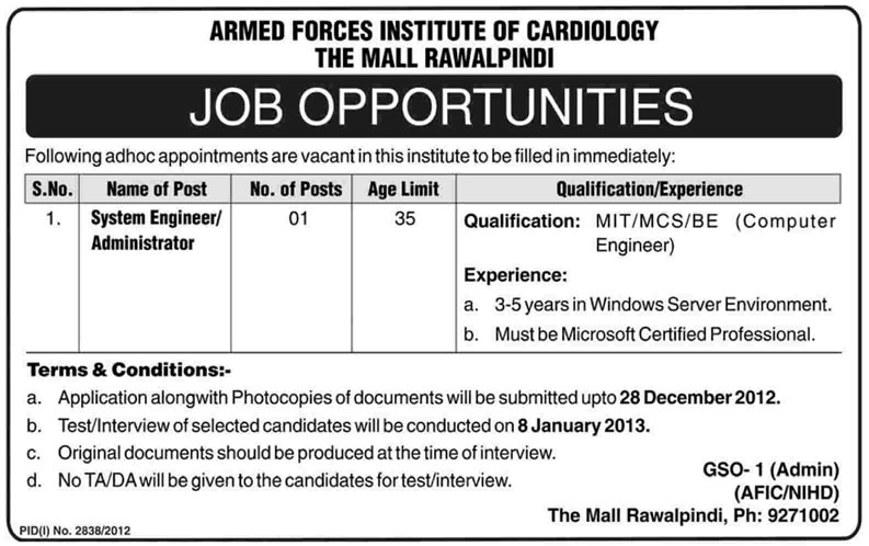 Armed Forces Institute of Cardiology (AFIC-NIHD) Rawalpindi Job 2012 for System Engineer / Administrator