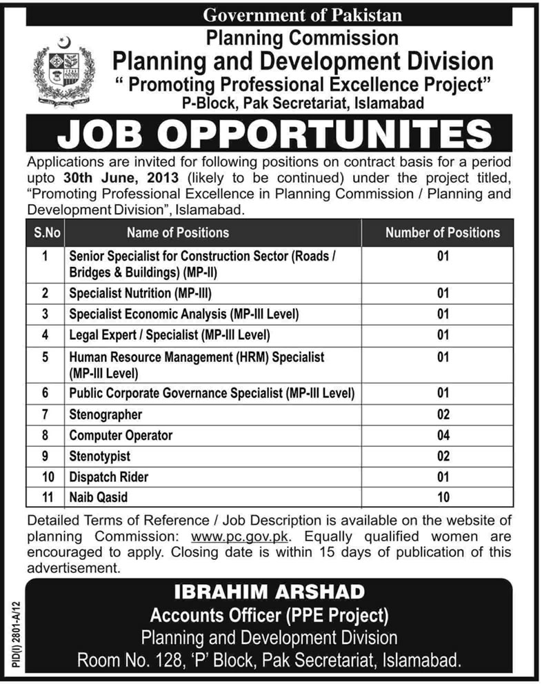 Planning Commission of Pakistan Jobs 2012 in Planning & Development Division