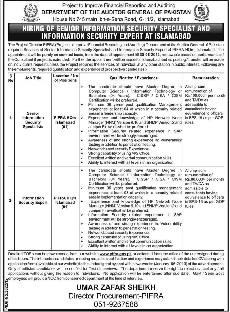Information Security Specialist & Expert Vacancies at Department of Auditor General of Pakistan in PIFRA Project