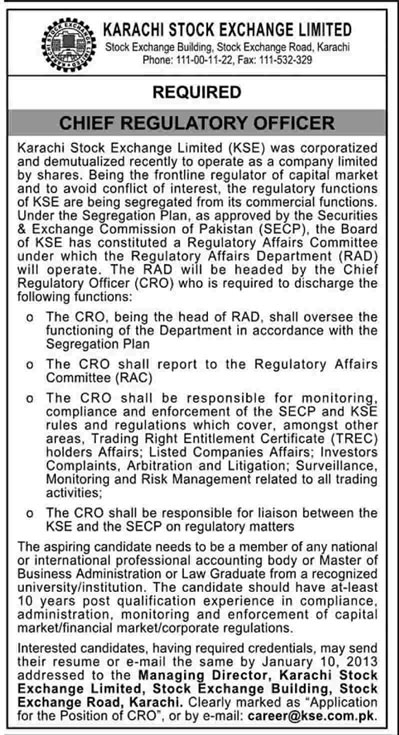 Karachi Stock Exchange Requires Chief Regulatory Officer (CRO)