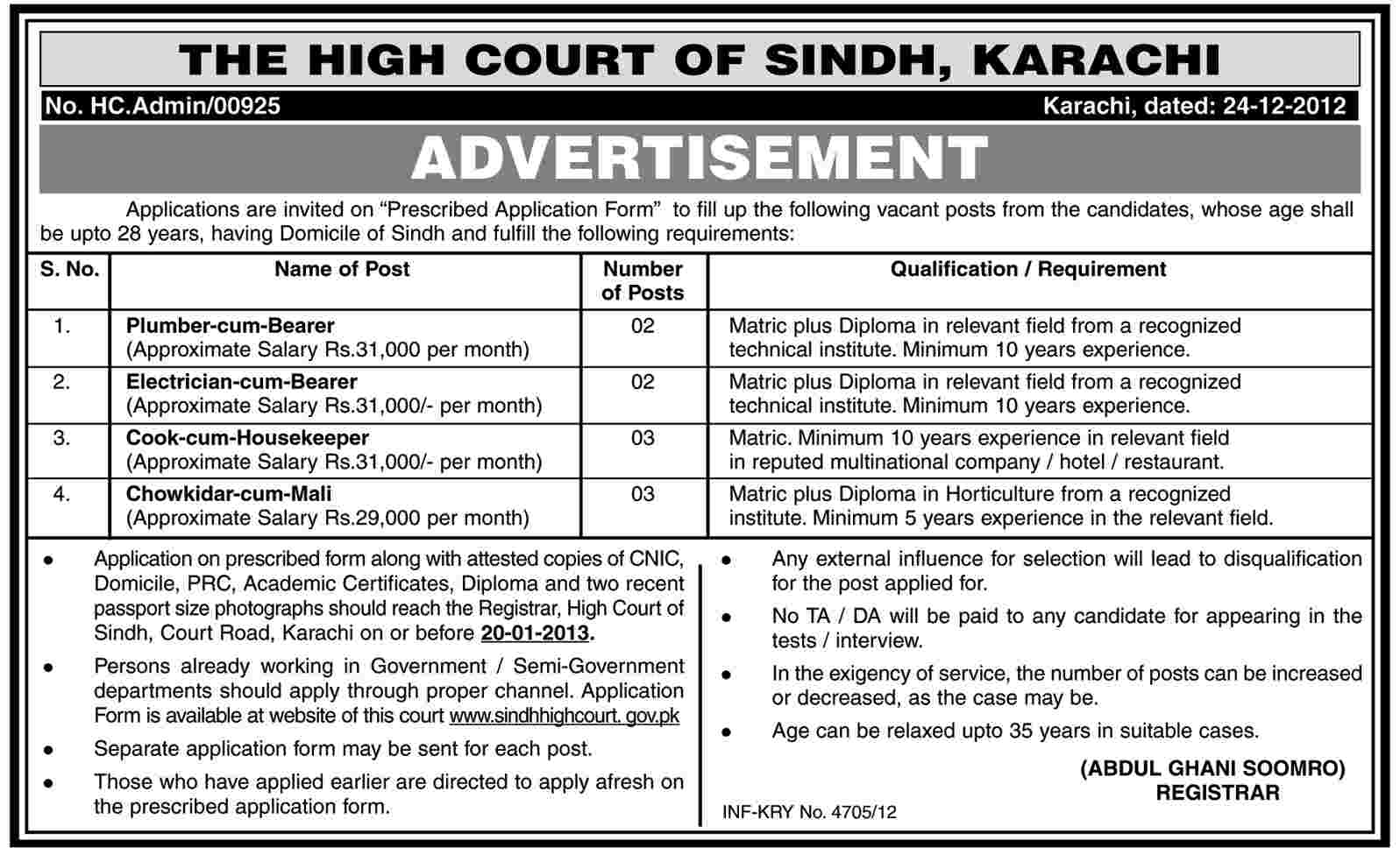 High Court of Sindh Karachi Jobs 2012 December (www.sindhhighcourt.gov.pk)