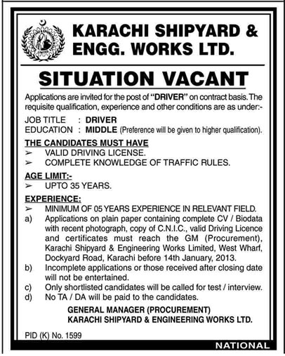 Karachi Shipyard & Engineering Works Ltd. Requires Driver