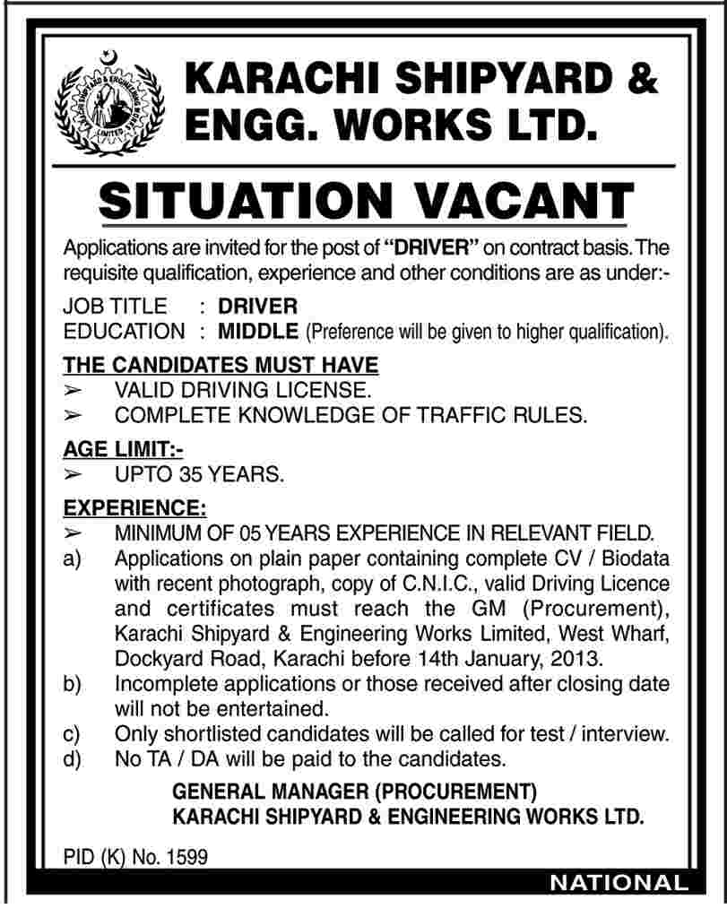 Driver Vacant Position at Karachi Shipyard