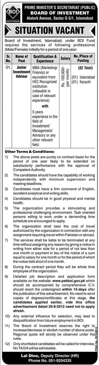 Board of Investment (BOI) Jobs 2013 2012 for Junior Investment Advisor