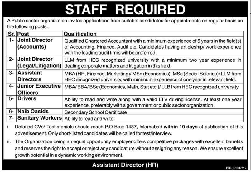 Directors, Officers, Drivers, Naib Qasids, Sanitary Workers Jobs in a Government Organization