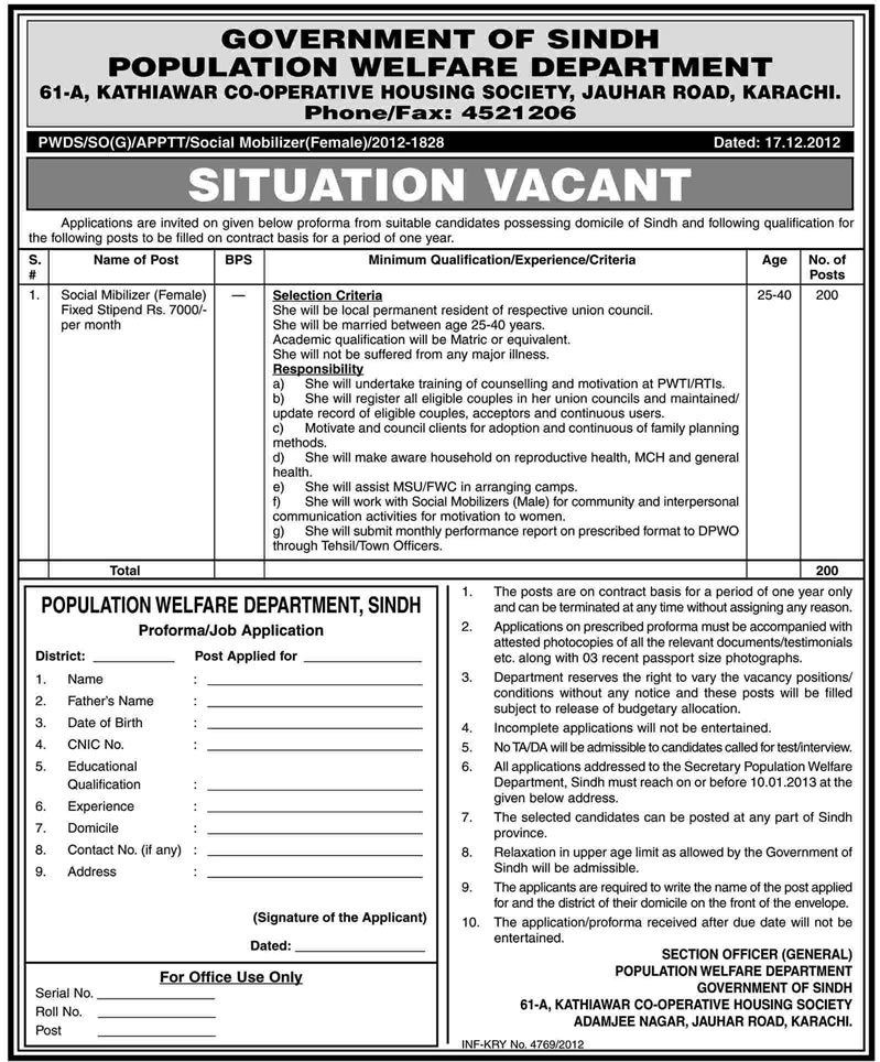 Social Mobilizers Jobs in Population Welfare Department Sindh 2013