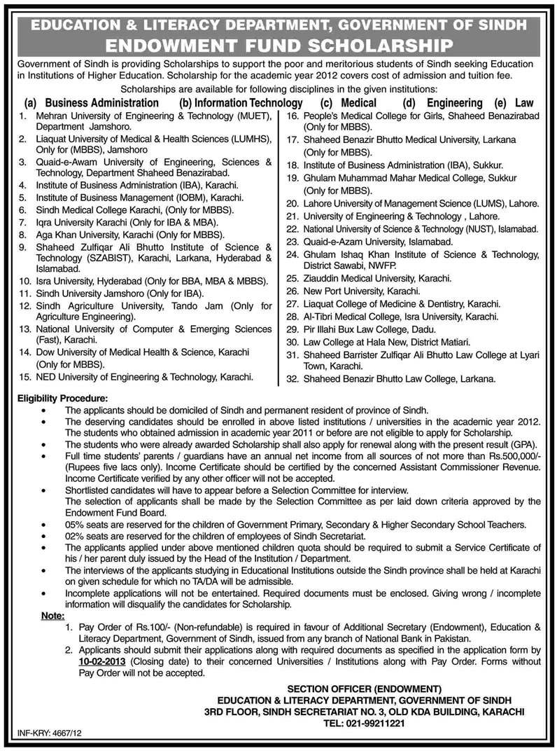 Education & Literacy Department Sindh Scholarship Program 2013 Endowment Fund