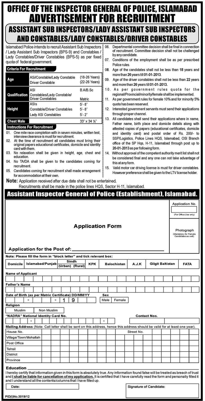 Islamabad Police Jobs January 2013 Application Form