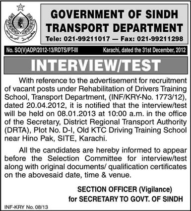 Interview / Test Schedule of Transport Department Sindh Jobs