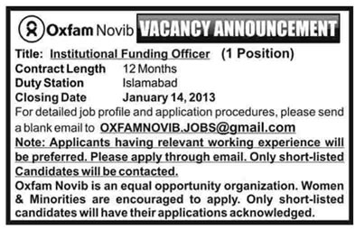 Oxfam Novib Pakistan Job 2013 for Institutional Funding Officer