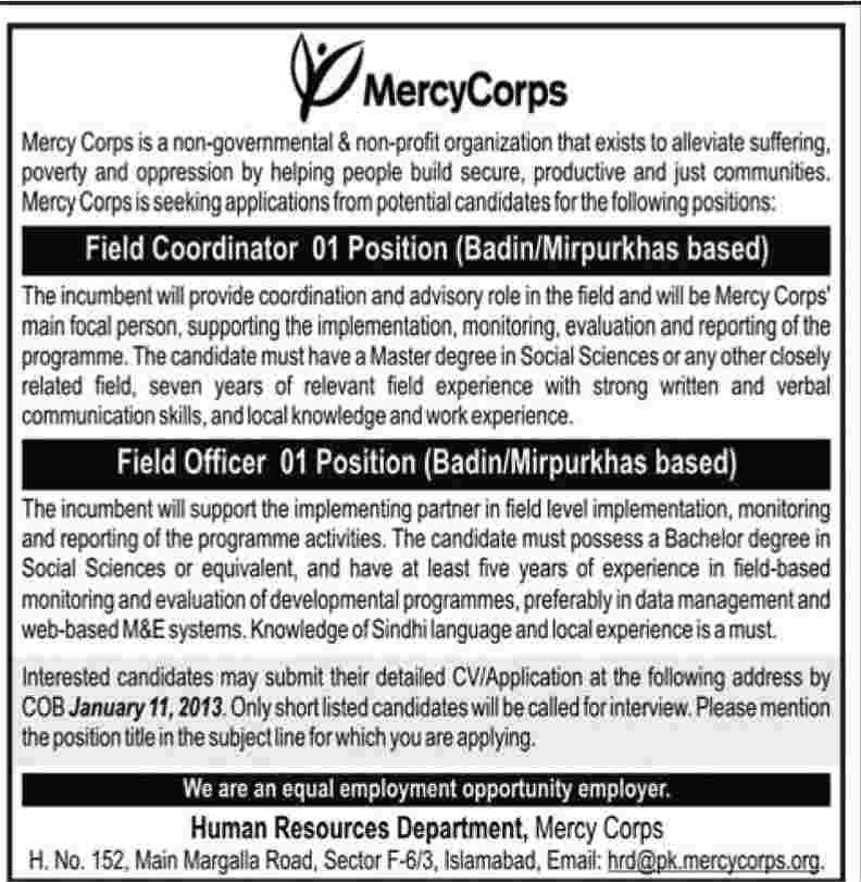 Mercy Corps Pakistan NGO Jobs 2013 for Field Coordinator & Field Officer