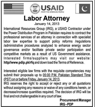International Resources Group (IRG) (a USAID Contractor) Requires Labor Attorney
