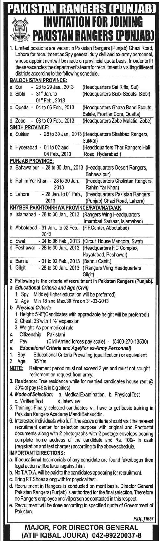 Pakistan Rangers Punjab Jobs 2013 Recruitment Schedule for Sepoy General Duty (Sipahi)