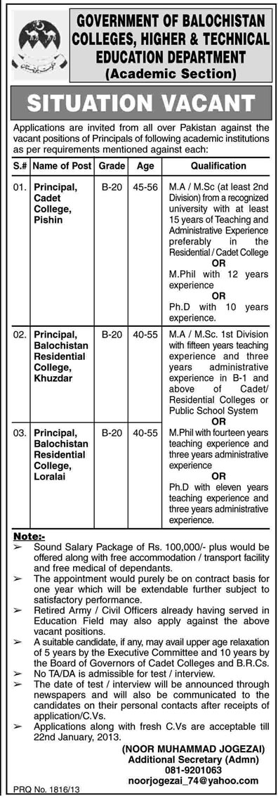 Colleges, Higher & Technical Education Department Balochistan Requires Principals