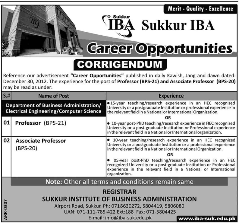 Corrigendum: Sukkur IBA Jobs